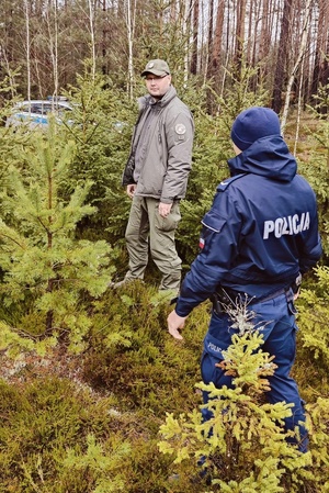 Policjant i strażnik leśny wchodzą na teren szkółki leśnej